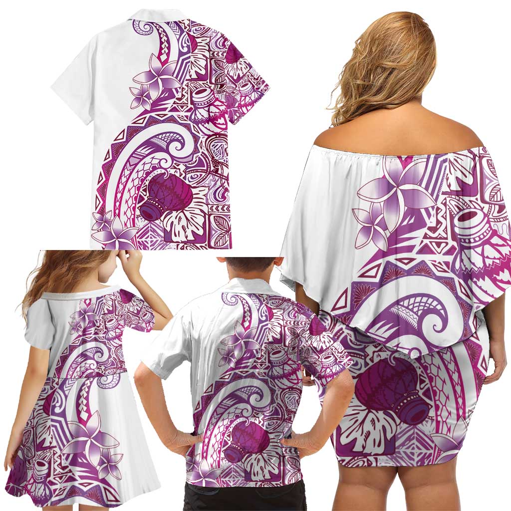 Aloha Hawaii Tapa Family Matching Off Shoulder Short Dress and Hawaiian Shirt Vibrant Fuchsia Hawaiian Ipu LT7 - Polynesian Pride
