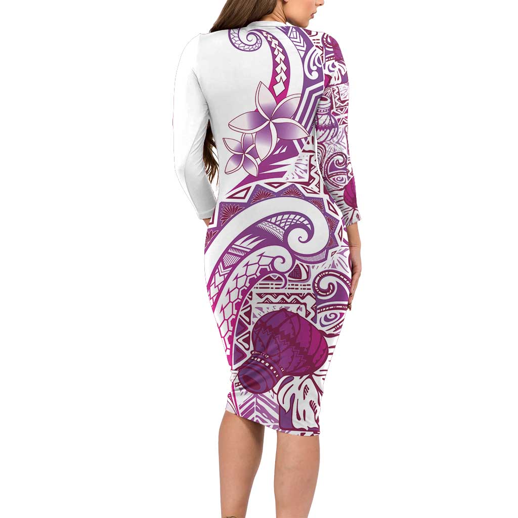 Aloha Hawaii Tapa Long Sleeve Bodycon Dress Vibrant Fuchsia Hawaiian Ipu LT7 - Polynesian Pride