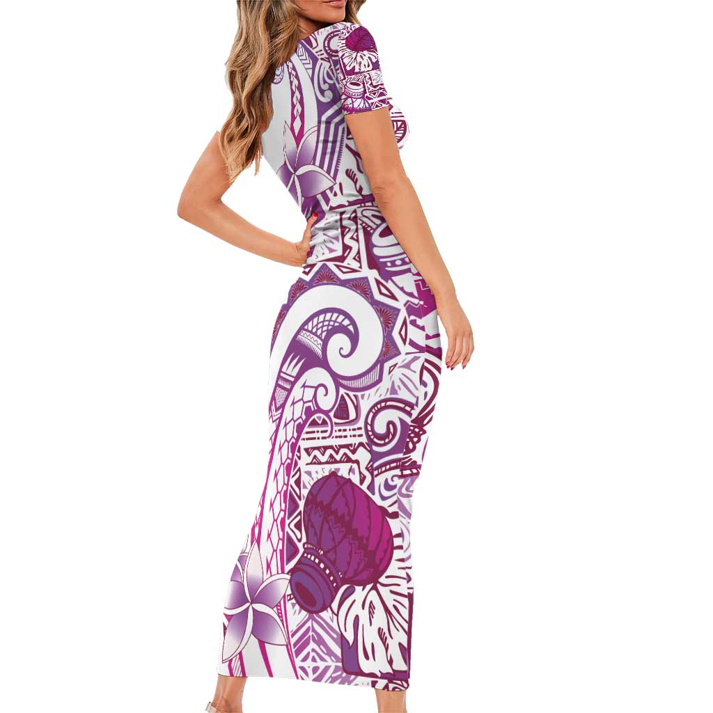 Aloha Hawaii Tapa Short Sleeve Bodycon Dress Vibrant Fuchsia Hawaiian Ipu LT7 - Polynesian Pride