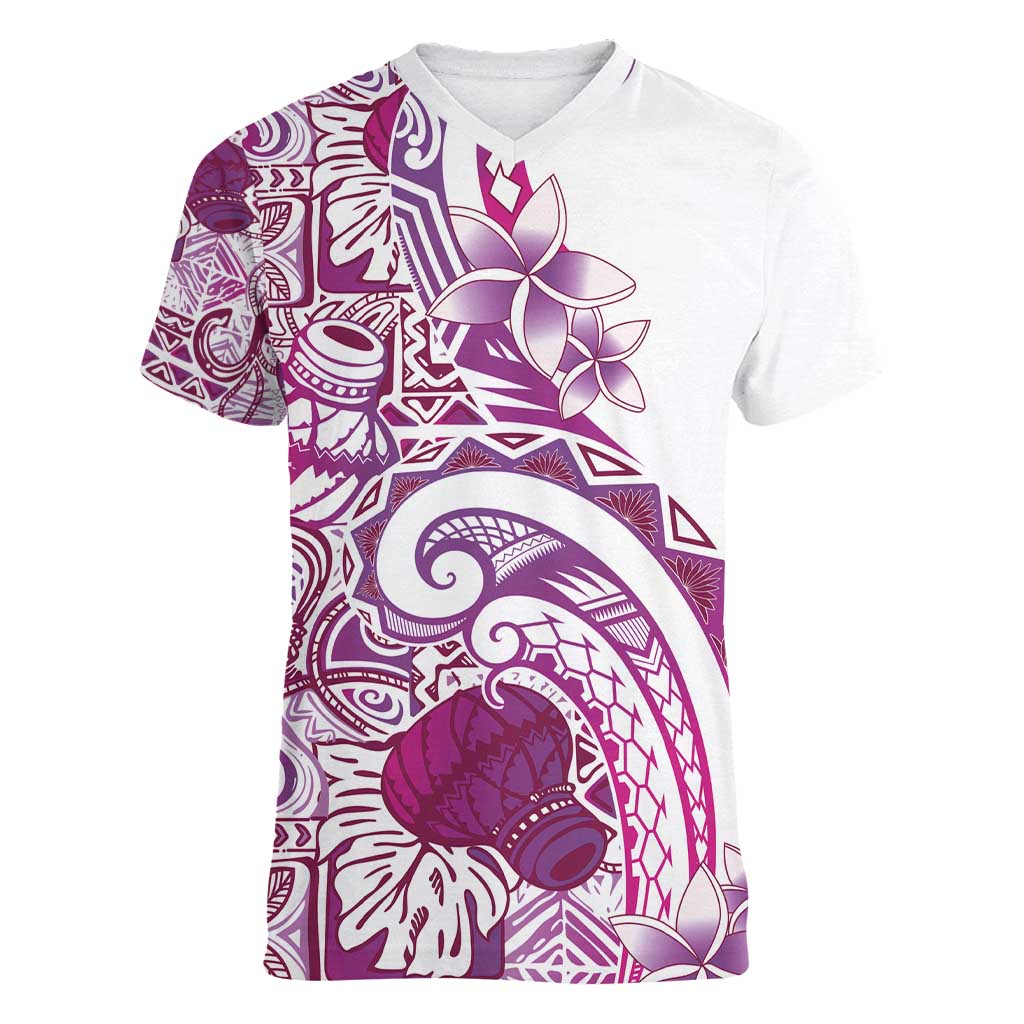 Aloha Hawaii Tapa Women V-Neck T-Shirt Vibrant Fuchsia Hawaiian Ipu LT7 Female Fuchsia - Polynesian Pride