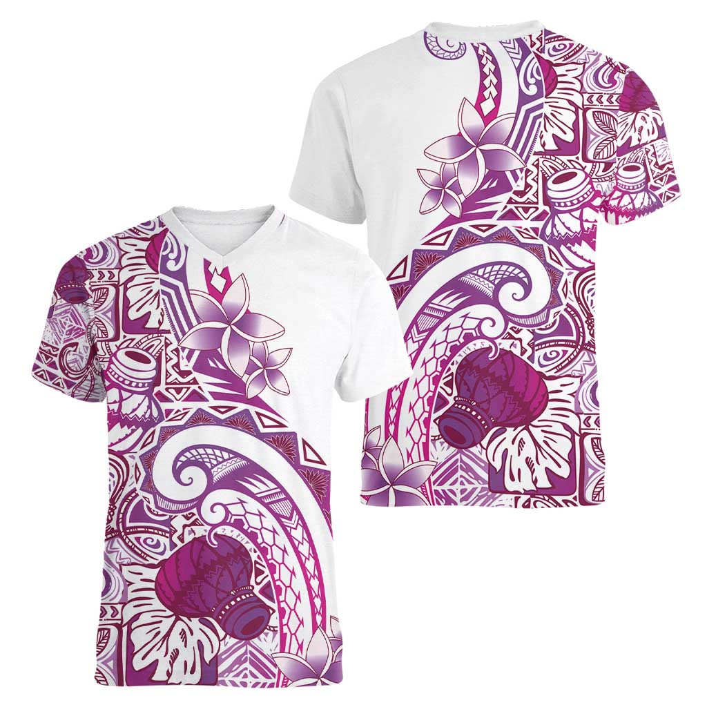 Aloha Hawaii Tapa Women V-Neck T-Shirt Vibrant Fuchsia Hawaiian Ipu LT7 - Polynesian Pride