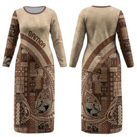 Samoa Mamanu Siapo Mocha Couples Matching Long Sleeve Bodycon Dress and Hawaiian Shirt Tatau Malie LT7 - Polynesian Pride