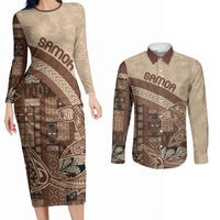 Samoa Mamanu Siapo Mocha Couples Matching Long Sleeve Bodycon Dress and Long Sleeve Button Shirt Tatau Malie LT7 Beige - Polynesian Pride