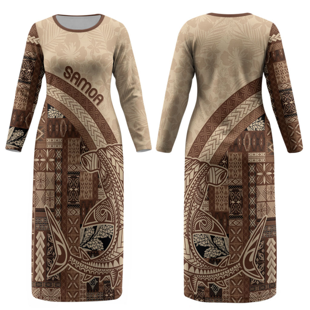 Samoa Mamanu Siapo Mocha Couples Matching Long Sleeve Bodycon Dress and Long Sleeve Button Shirt Tatau Malie LT7 - Polynesian Pride