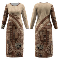 Samoa Mamanu Siapo Mocha Couples Matching Long Sleeve Bodycon Dress and Long Sleeve Button Shirt Tatau Malie LT7 - Polynesian Pride