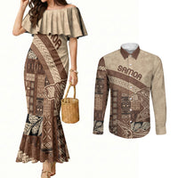 Samoa Mamanu Siapo Mocha Couples Matching Mermaid Dress and Long Sleeve Button Shirt Tatau Malie LT7 Beige - Polynesian Pride