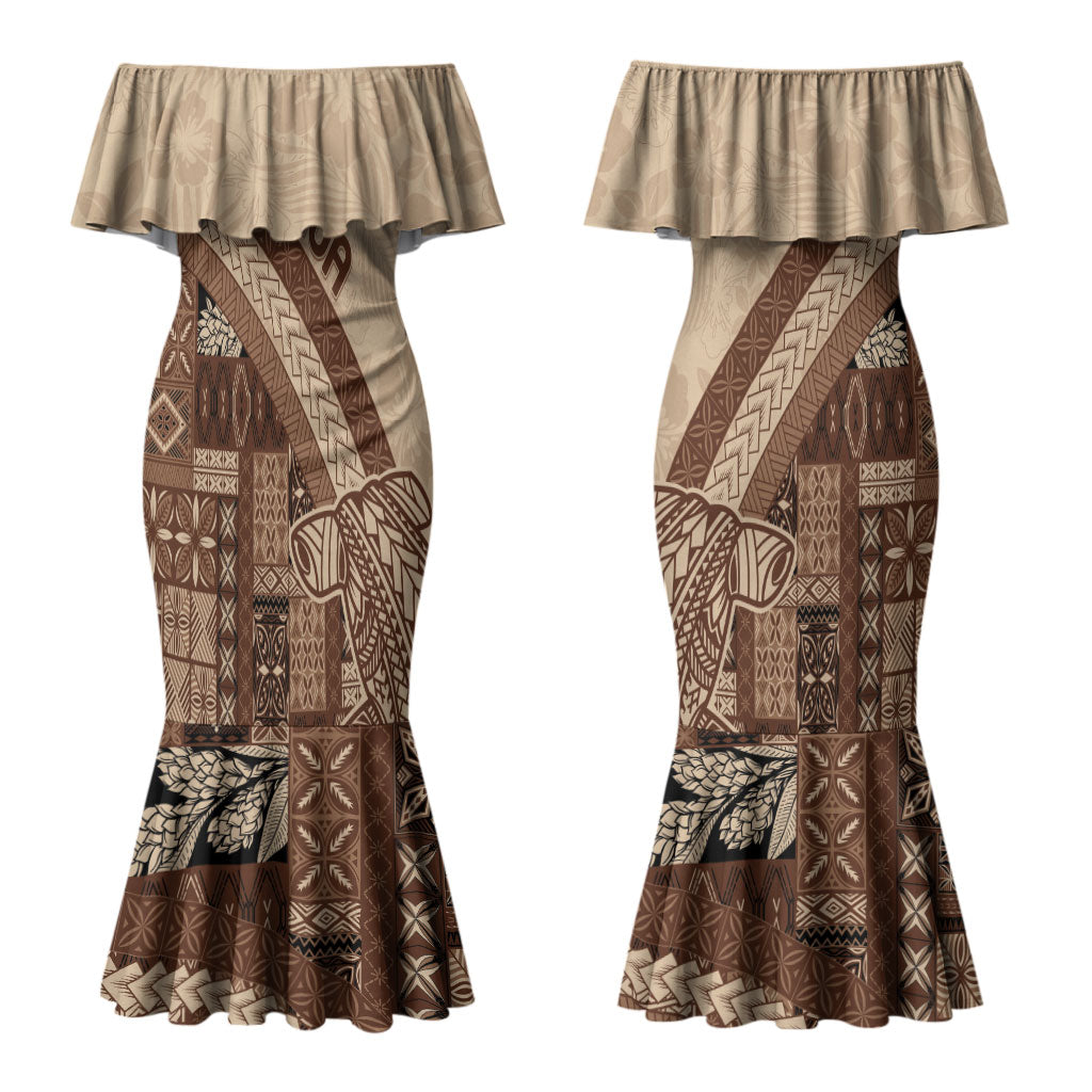 Samoa Mamanu Siapo Mocha Couples Matching Mermaid Dress and Long Sleeve Button Shirt Tatau Malie LT7 - Polynesian Pride