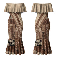 Samoa Mamanu Siapo Mocha Couples Matching Mermaid Dress and Long Sleeve Button Shirt Tatau Malie LT7 - Polynesian Pride