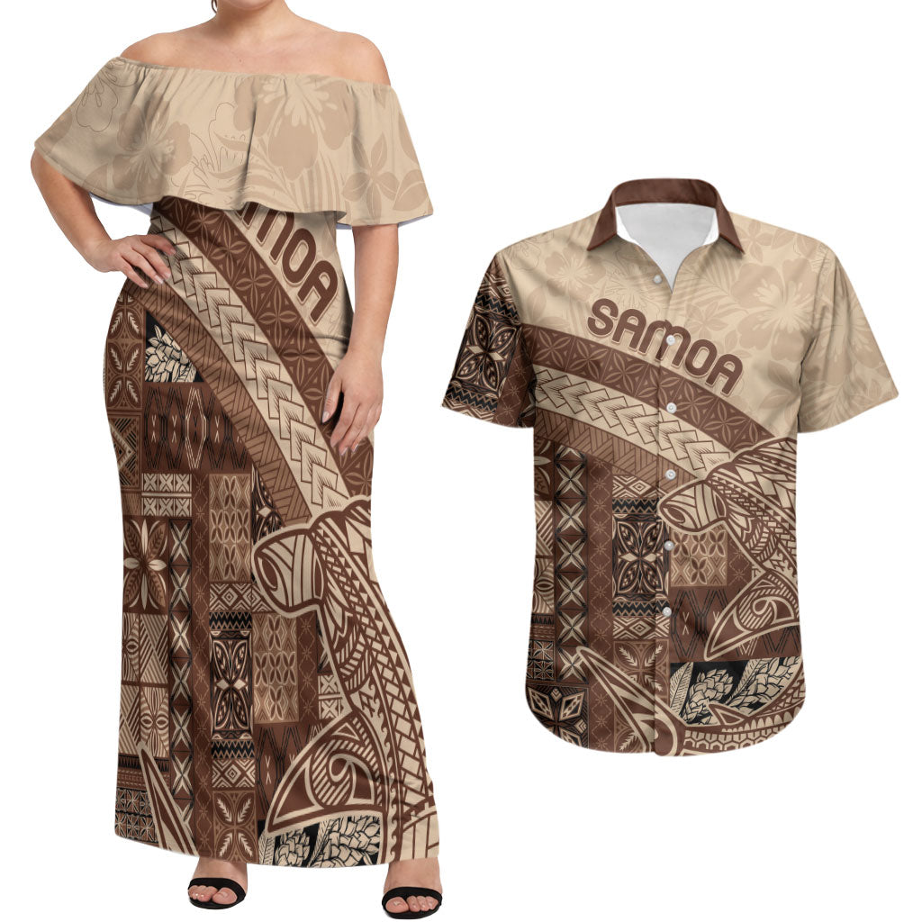 Samoa Mamanu Siapo Mocha Couples Matching Off Shoulder Maxi Dress and Hawaiian Shirt Tatau Malie LT7 Beige - Polynesian Pride