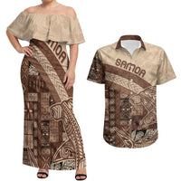 Samoa Mamanu Siapo Mocha Couples Matching Off Shoulder Maxi Dress and Hawaiian Shirt Tatau Malie LT7 Beige - Polynesian Pride