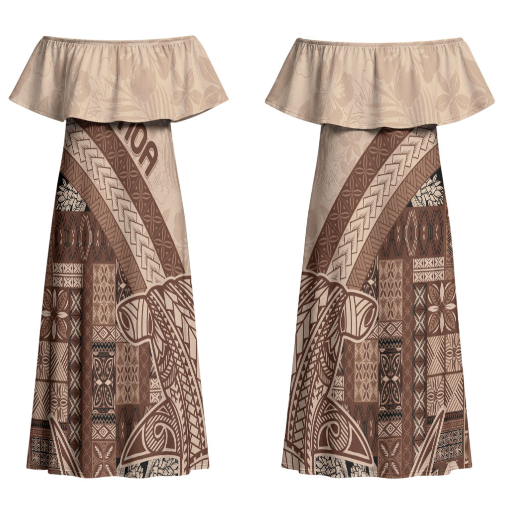 Samoa Mamanu Siapo Mocha Couples Matching Off Shoulder Maxi Dress and Hawaiian Shirt Tatau Malie LT7 - Polynesian Pride