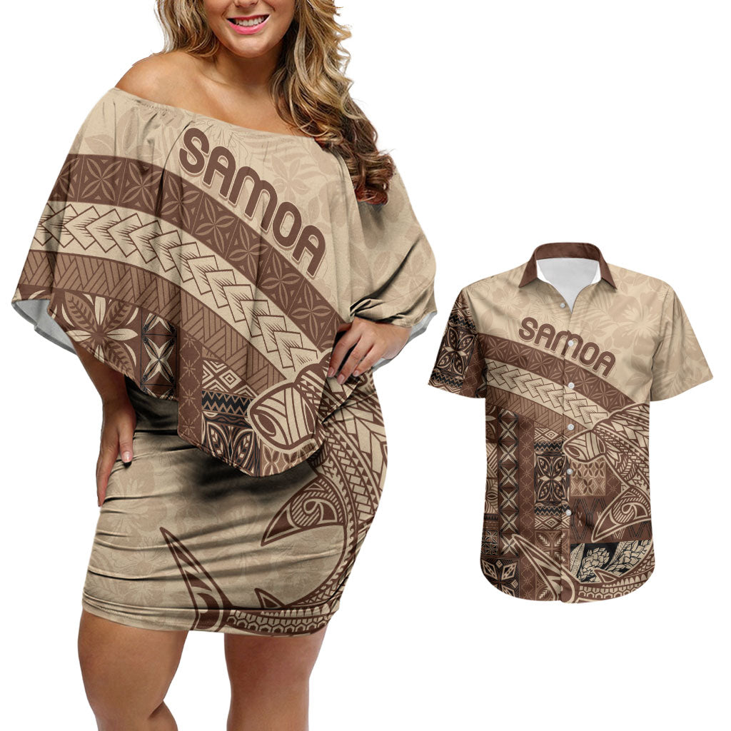 Samoa Mamanu Siapo Mocha Couples Matching Off Shoulder Short Dress and Hawaiian Shirt Tatau Malie LT7 Beige - Polynesian Pride