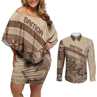 Samoa Mamanu Siapo Mocha Couples Matching Off Shoulder Short Dress and Long Sleeve Button Shirt Tatau Malie LT7 Beige - Polynesian Pride