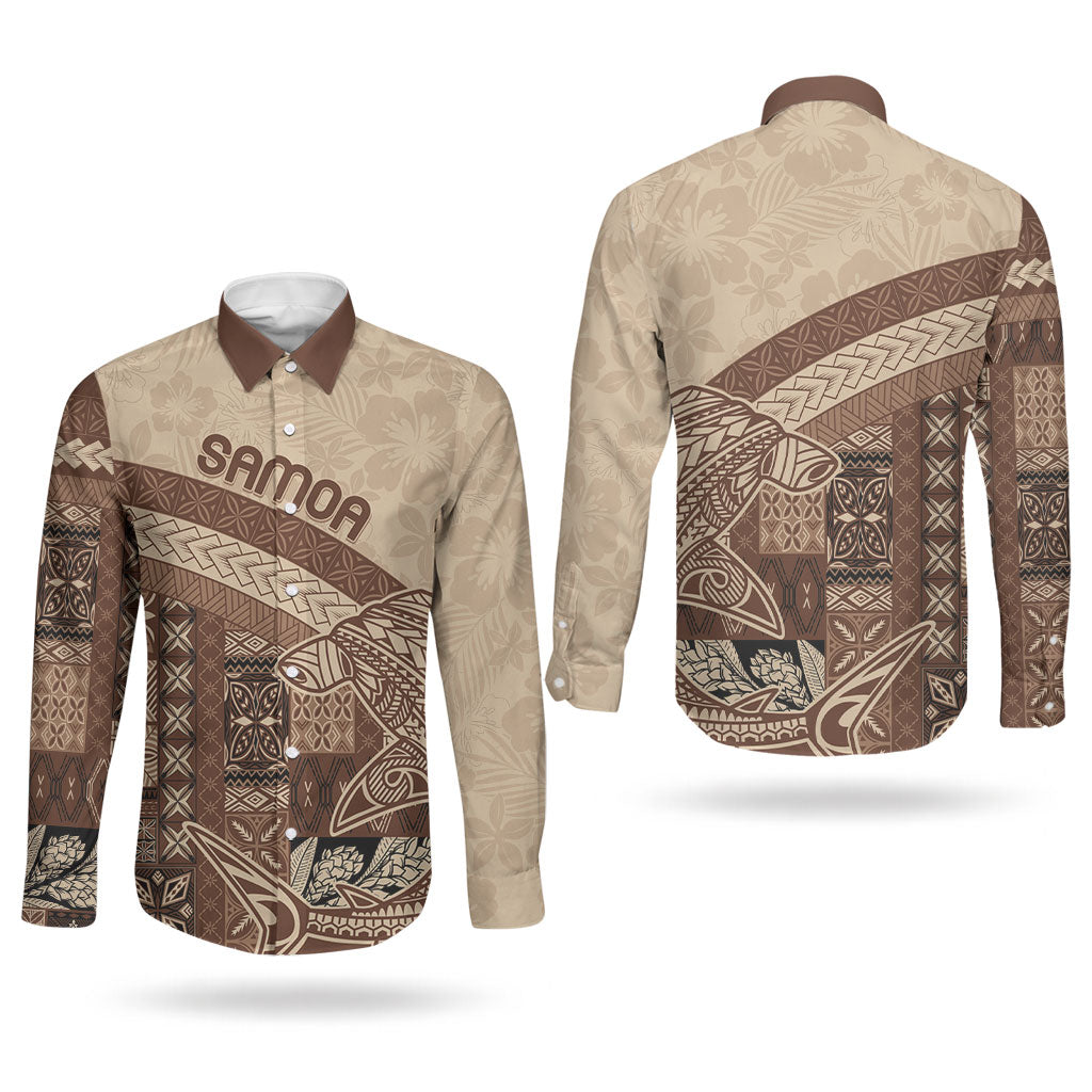 Samoa Mamanu Siapo Mocha Couples Matching Off Shoulder Short Dress and Long Sleeve Button Shirt Tatau Malie LT7 - Polynesian Pride