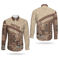 Samoa Mamanu Siapo Mocha Couples Matching Off Shoulder Short Dress and Long Sleeve Button Shirt Tatau Malie LT7 - Polynesian Pride