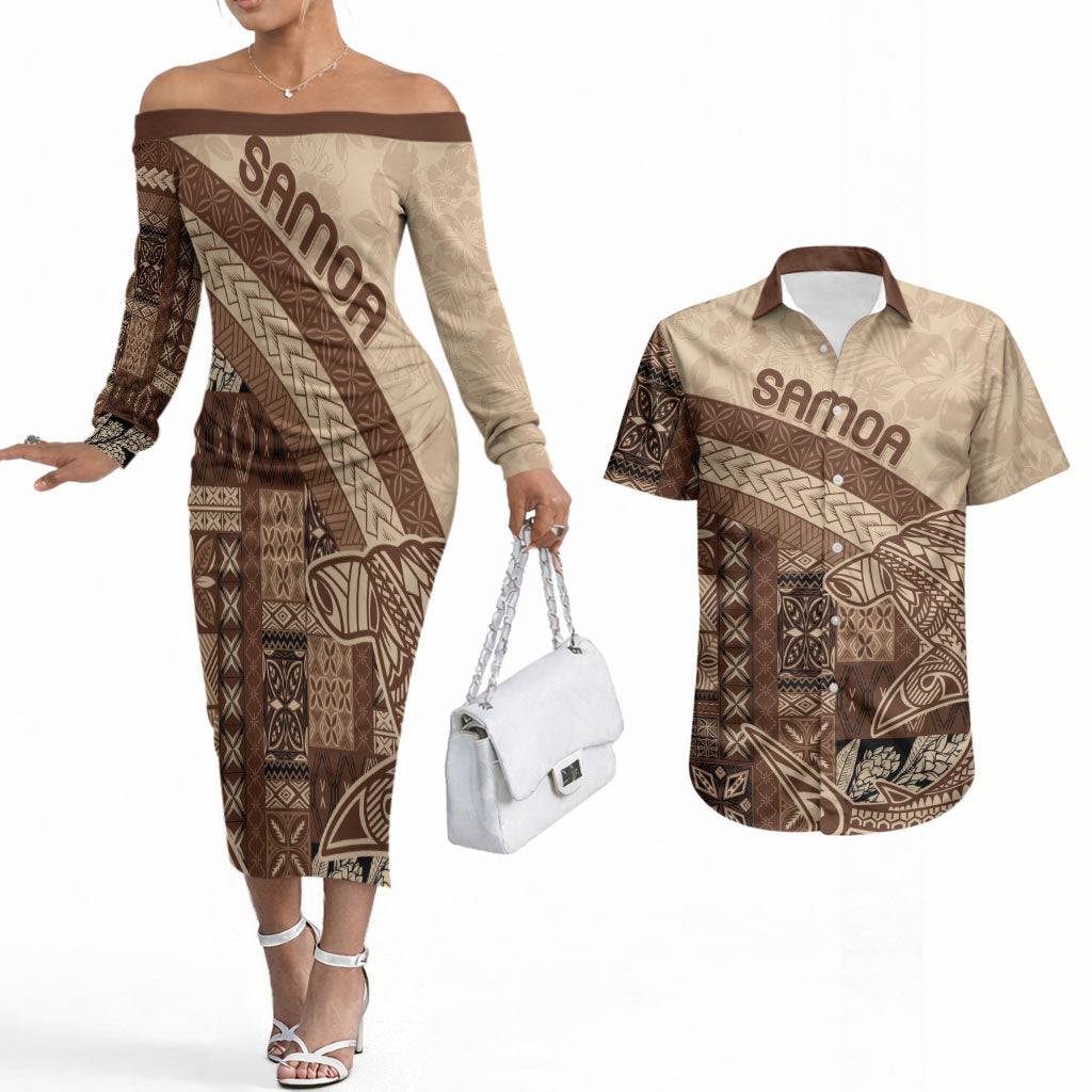 Samoa Mamanu Siapo Mocha Couples Matching Off The Shoulder Long Sleeve Dress and Hawaiian Shirt Tatau Malie LT7 Beige - Polynesian Pride