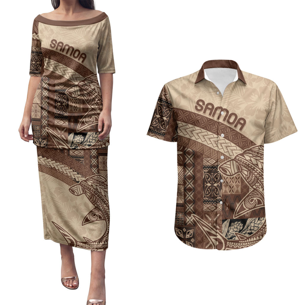 Samoa Mamanu Siapo Mocha Couples Matching Puletasi and Hawaiian Shirt Tatau Malie LT7 Beige - Polynesian Pride