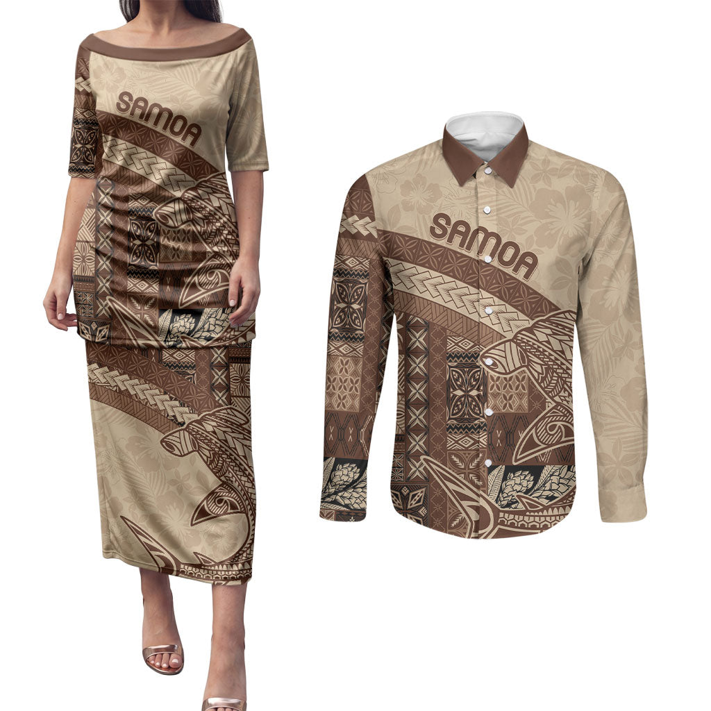 Samoa Mamanu Siapo Mocha Couples Matching Puletasi and Long Sleeve Button Shirt Tatau Malie LT7 Beige - Polynesian Pride