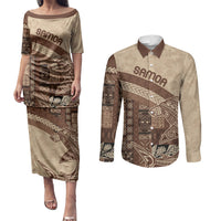 Samoa Mamanu Siapo Mocha Couples Matching Puletasi and Long Sleeve Button Shirt Tatau Malie LT7 Beige - Polynesian Pride