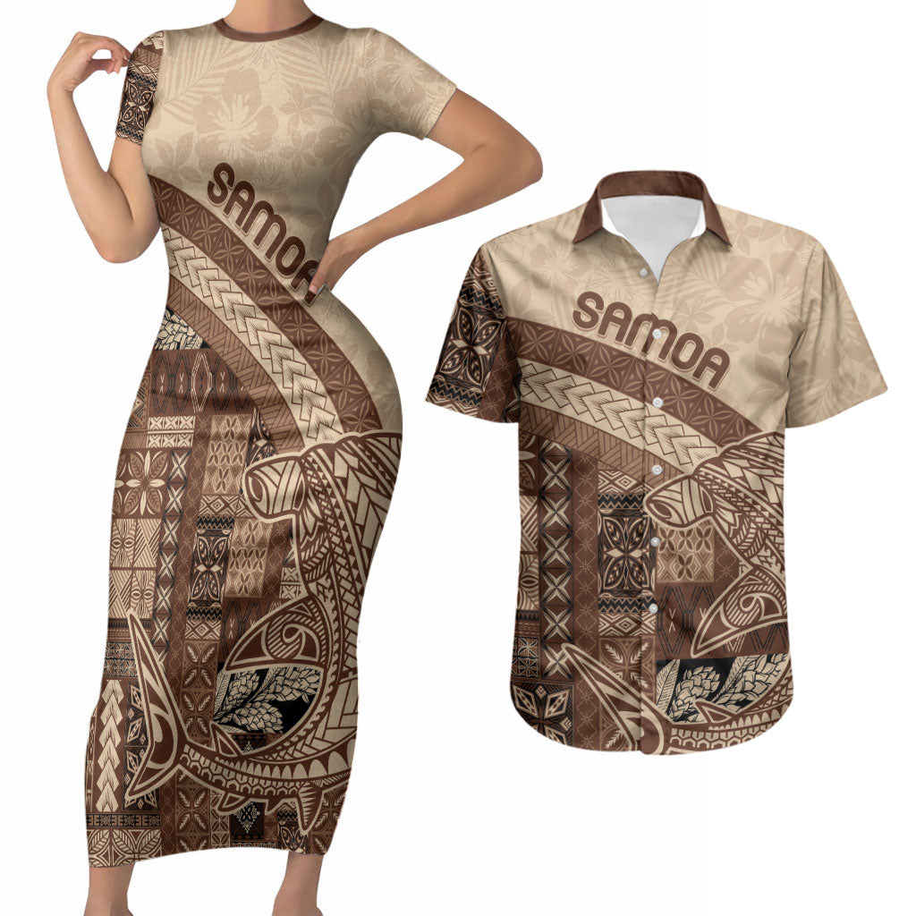 Samoa Mamanu Siapo Mocha Couples Matching Short Sleeve Bodycon Dress and Hawaiian Shirt Tatau Malie LT7 Beige - Polynesian Pride