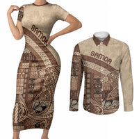 Samoa Mamanu Siapo Mocha Couples Matching Short Sleeve Bodycon Dress and Long Sleeve Button Shirt Tatau Malie LT7 Beige - Polynesian Pride