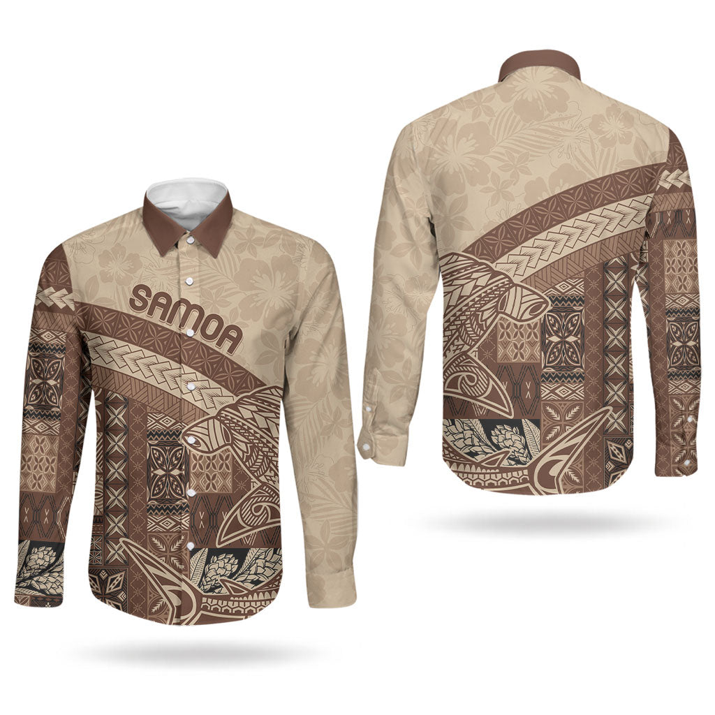 Samoa Mamanu Siapo Mocha Couples Matching Short Sleeve Bodycon Dress and Long Sleeve Button Shirt Tatau Malie LT7 - Polynesian Pride