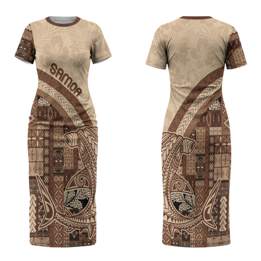 Samoa Mamanu Siapo Mocha Couples Matching Short Sleeve Bodycon Dress and Long Sleeve Button Shirt Tatau Malie LT7 - Polynesian Pride
