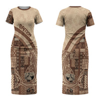 Samoa Mamanu Siapo Mocha Couples Matching Short Sleeve Bodycon Dress and Long Sleeve Button Shirt Tatau Malie LT7 - Polynesian Pride