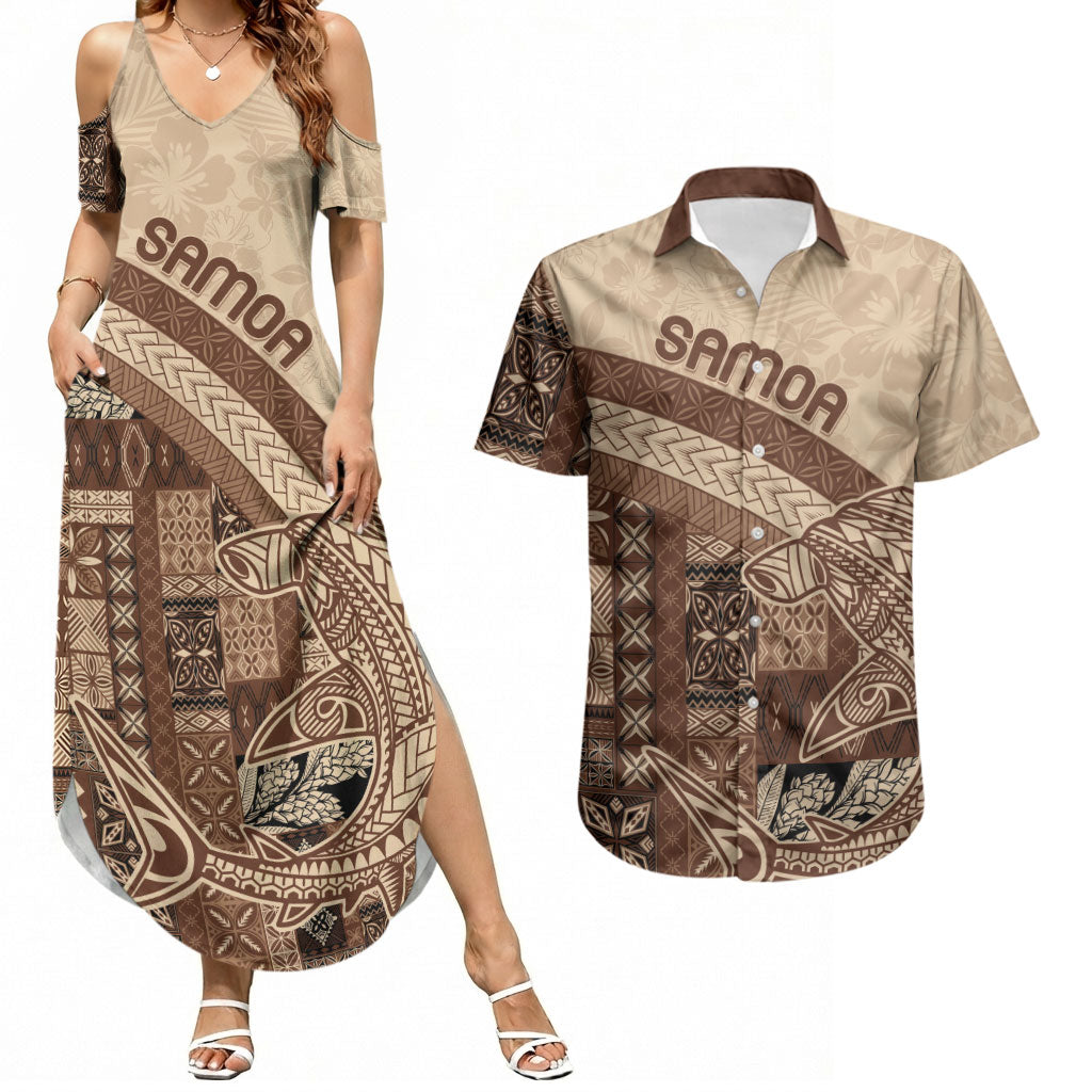 Samoa Mamanu Siapo Mocha Couples Matching Summer Maxi Dress and Hawaiian Shirt Tatau Malie LT7 Beige - Polynesian Pride