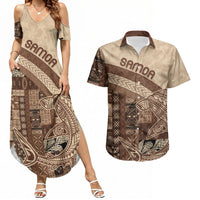 Samoa Mamanu Siapo Mocha Couples Matching Summer Maxi Dress and Hawaiian Shirt Tatau Malie LT7 Beige - Polynesian Pride