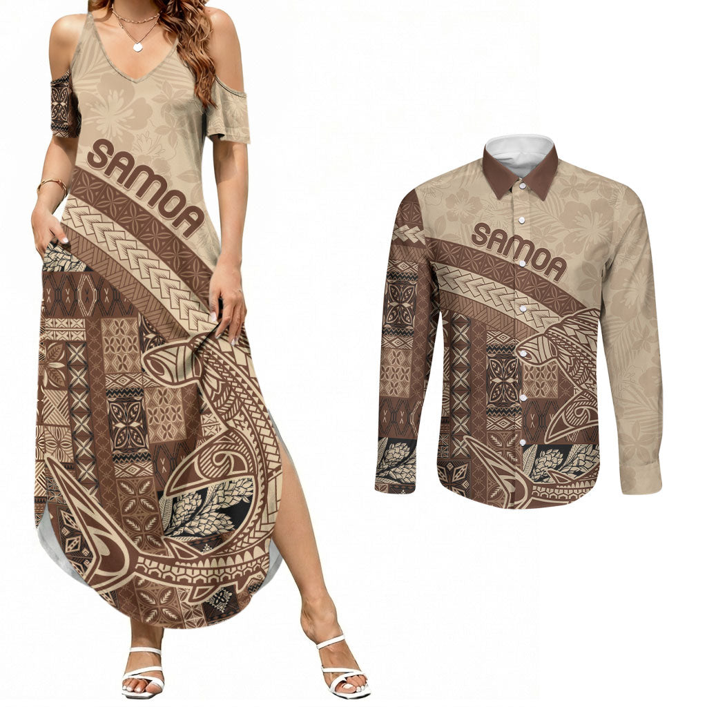 Samoa Mamanu Siapo Mocha Couples Matching Summer Maxi Dress and Long Sleeve Button Shirt Tatau Malie LT7 Beige - Polynesian Pride