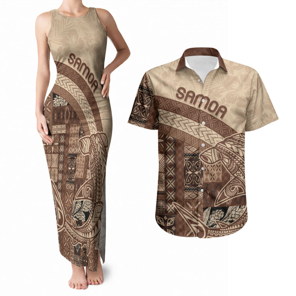 Samoa Mamanu Siapo Mocha Couples Matching Tank Maxi Dress and Hawaiian Shirt Tatau Malie LT7 Beige - Polynesian Pride