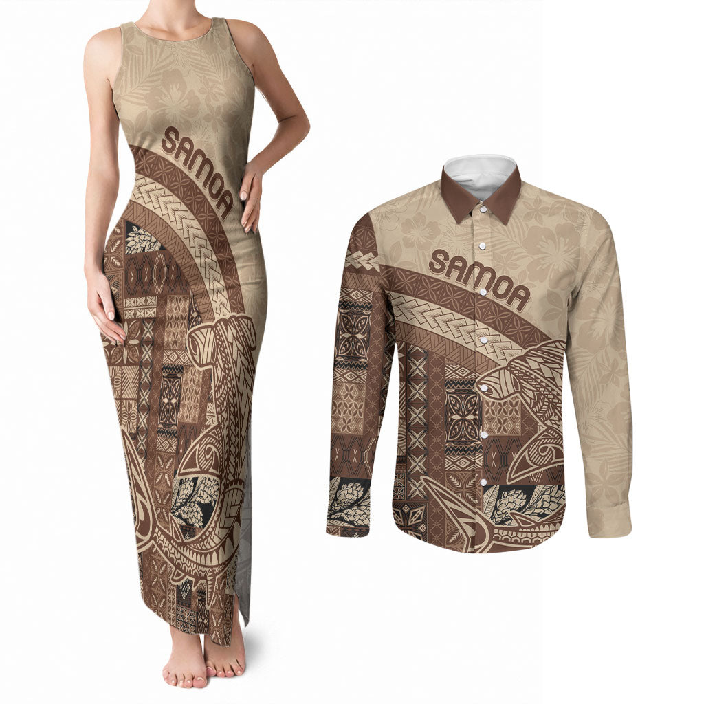 Samoa Mamanu Siapo Mocha Couples Matching Tank Maxi Dress and Long Sleeve Button Shirt Tatau Malie LT7 Beige - Polynesian Pride