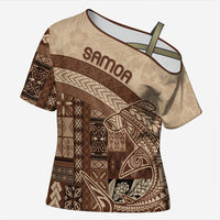 Samoa Mamanu Siapo Mocha Cross Shoulder Shirt Tatau Malie LT7 Female Beige - Polynesian Pride