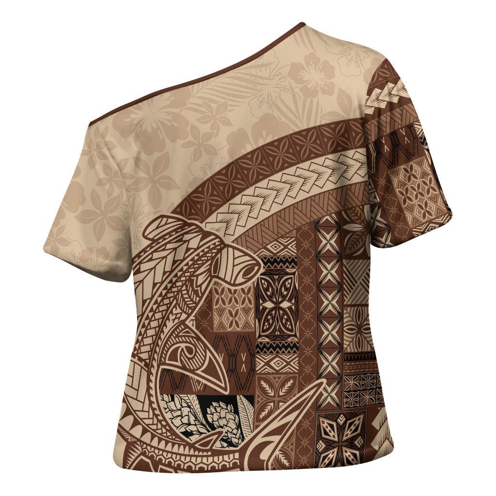 Samoa Mamanu Siapo Mocha Cross Shoulder Shirt Tatau Malie LT7 - Polynesian Pride