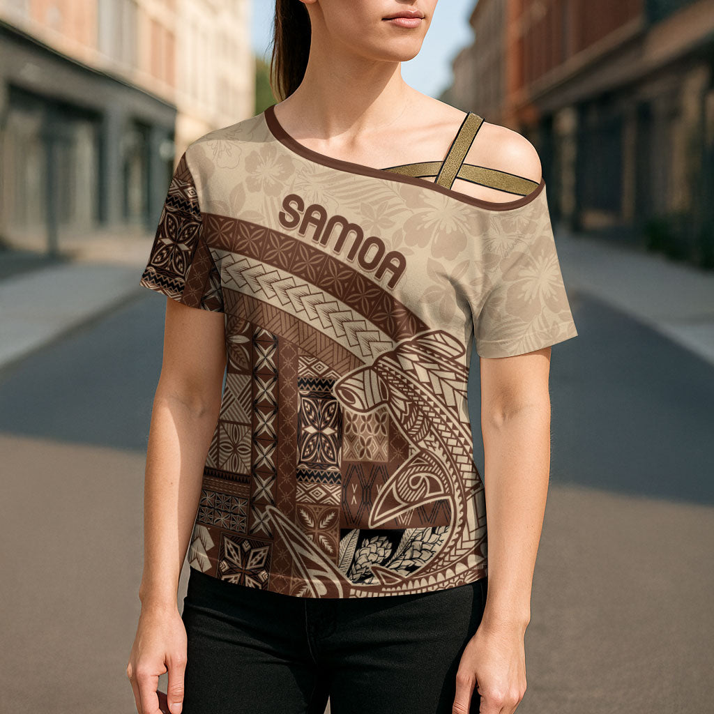 Samoa Mamanu Siapo Mocha Cross Shoulder Shirt Tatau Malie LT7 - Polynesian Pride
