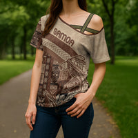 Samoa Mamanu Siapo Mocha Cross Shoulder Shirt Tatau Malie LT7 - Polynesian Pride