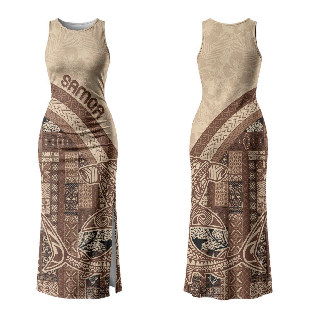 Samoa Mamanu Siapo Mocha Family Matching Tank Maxi Dress and Hawaiian Shirt Tatau Malie LT7 Mom's Dress Beige - Polynesian Pride