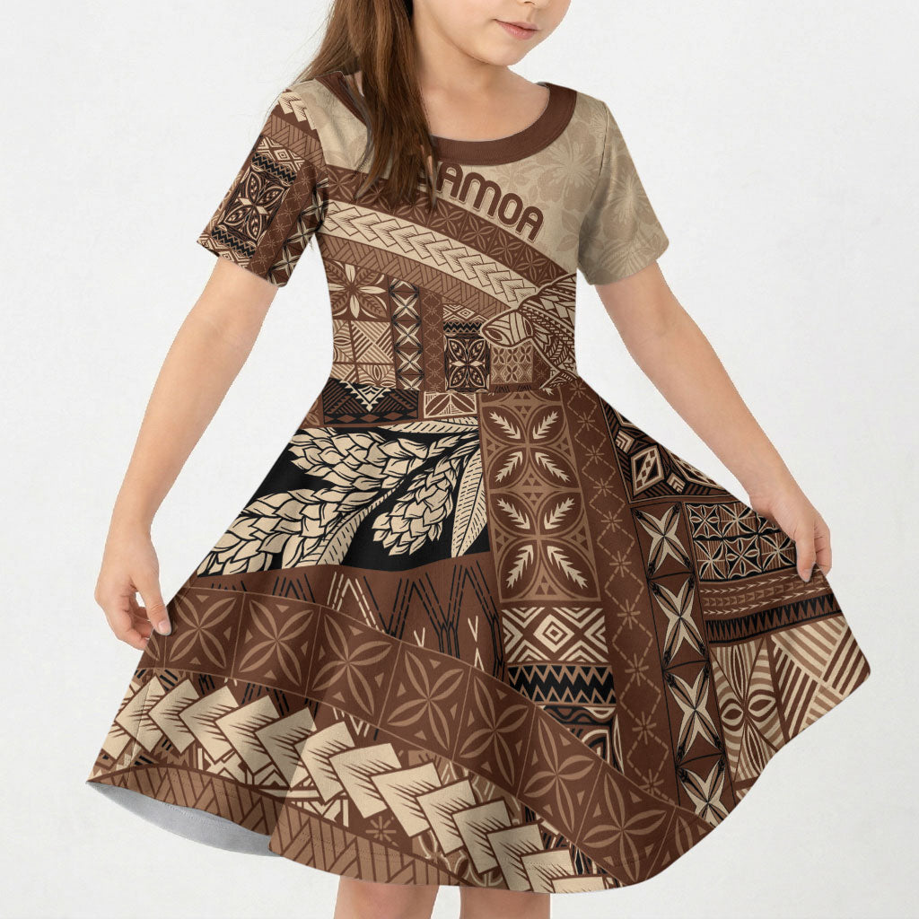Samoa Mamanu Siapo Mocha Kid Short Sleeve Dress Tatau Malie LT7 KID Beige - Polynesian Pride