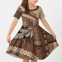 Samoa Mamanu Siapo Mocha Kid Short Sleeve Dress Tatau Malie LT7 KID Beige - Polynesian Pride