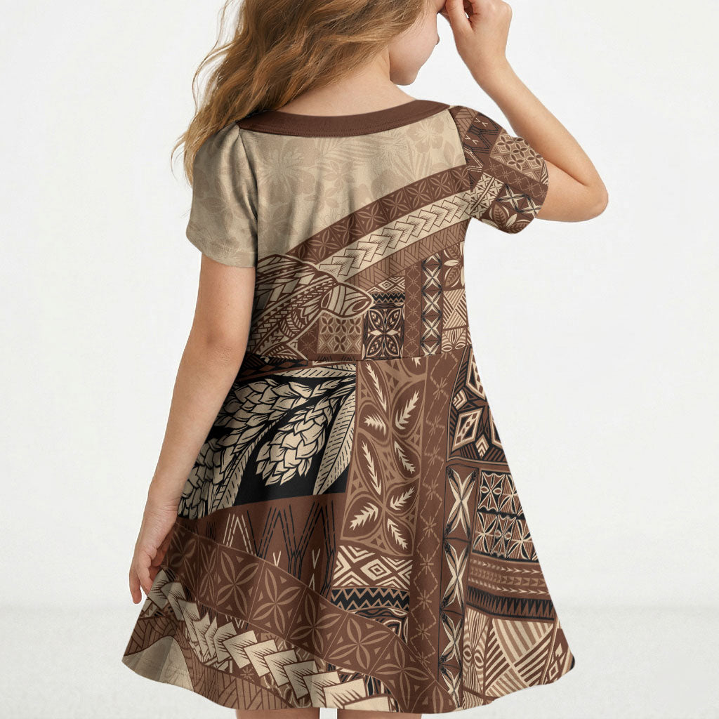 Samoa Mamanu Siapo Mocha Kid Short Sleeve Dress Tatau Malie LT7 - Polynesian Pride