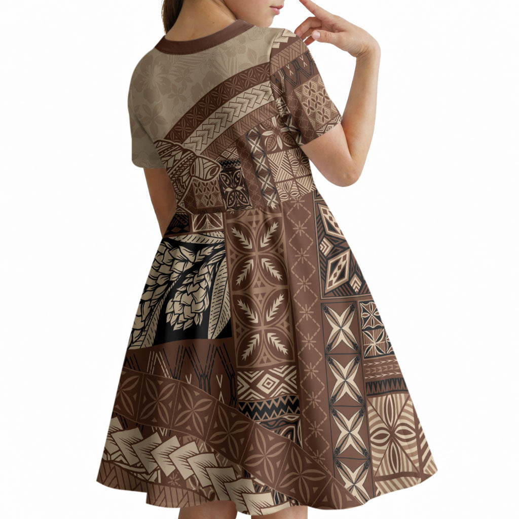 Samoa Mamanu Siapo Mocha Kid Short Sleeve Dress Tatau Malie LT7 - Polynesian Pride