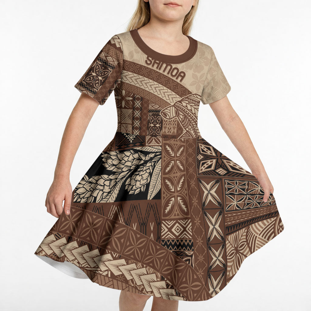 Samoa Mamanu Siapo Mocha Kid Short Sleeve Dress Tatau Malie LT7 - Polynesian Pride