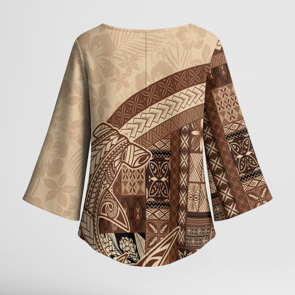Samoa Mamanu Siapo Mocha Kimono Sleeve Blouse Tatau Malie LT7 - Polynesian Pride