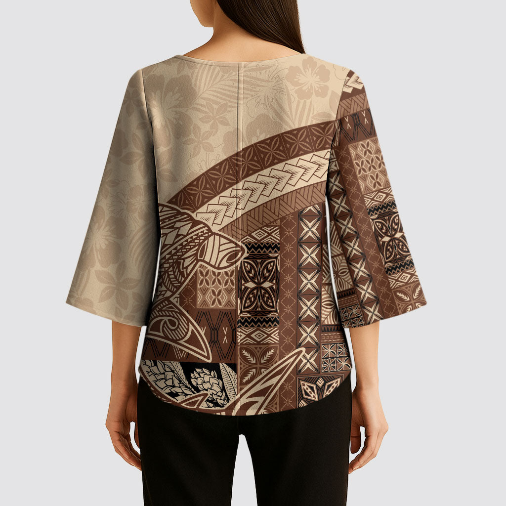 Samoa Mamanu Siapo Mocha Kimono Sleeve Blouse Tatau Malie LT7 - Polynesian Pride