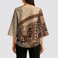 Samoa Mamanu Siapo Mocha Kimono Sleeve Blouse Tatau Malie LT7 - Polynesian Pride
