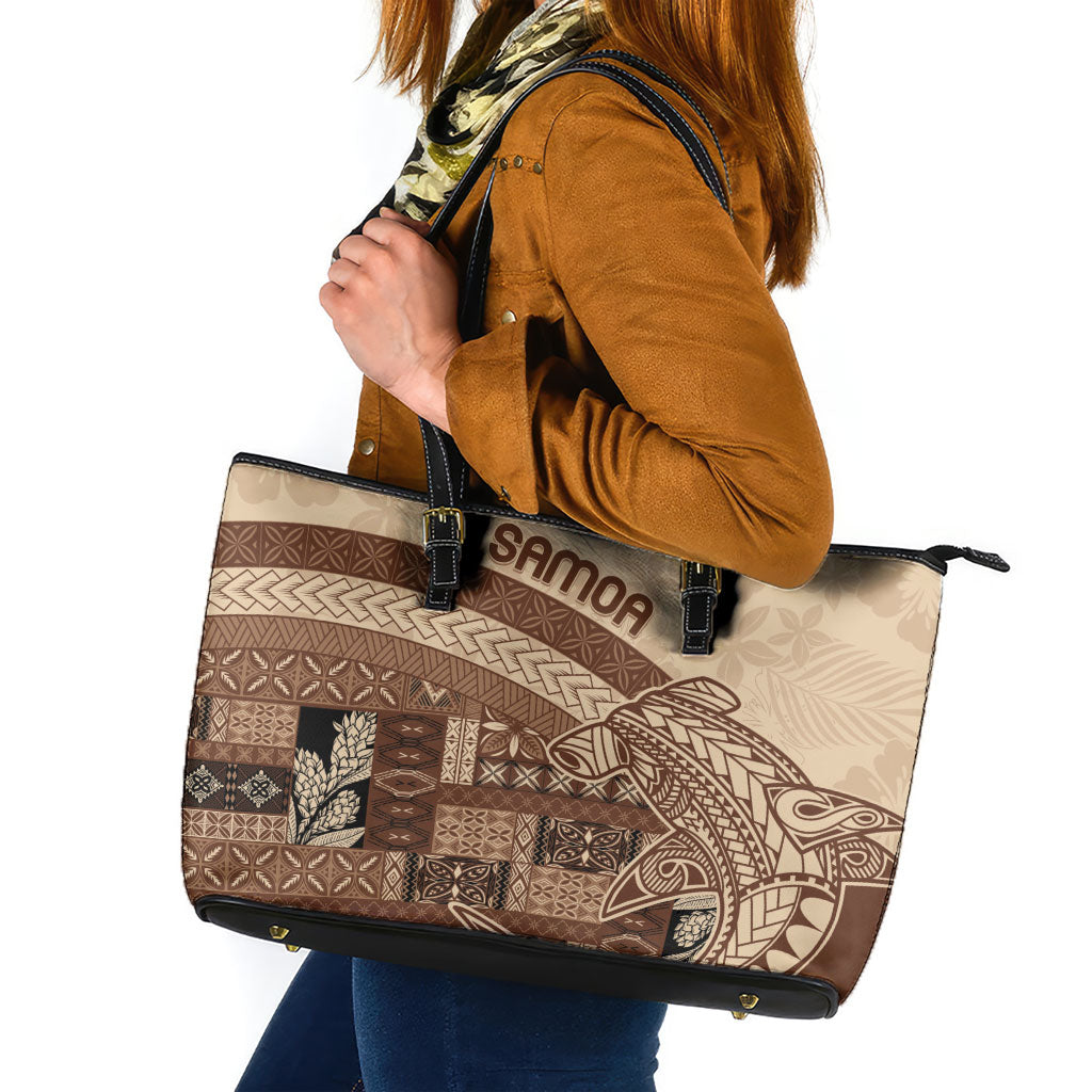 Samoa Mamanu Siapo Mocha Leather Tote Bag Tatau Malie LT7 Beige - Polynesian Pride