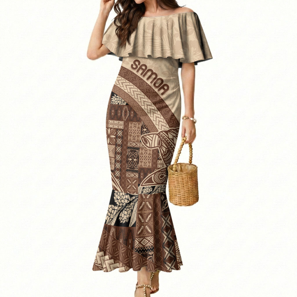 Samoa Mamanu Siapo Mocha Mermaid Dress Tatau Malie LT7 Women Beige - Polynesian Pride