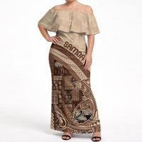 Samoa Mamanu Siapo Mocha Off Shoulder Maxi Dress Tatau Malie LT7 Women Beige - Polynesian Pride