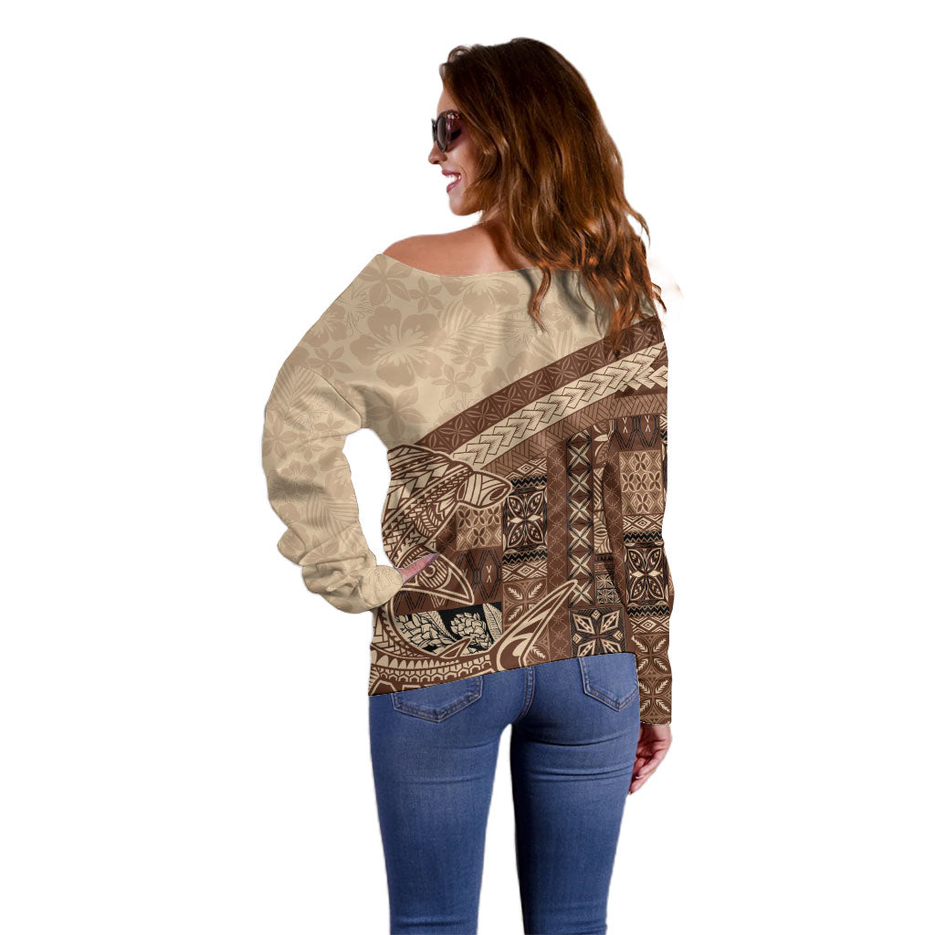 Samoa Mamanu Siapo Mocha Off Shoulder Sweater Tatau Malie LT7 - Polynesian Pride